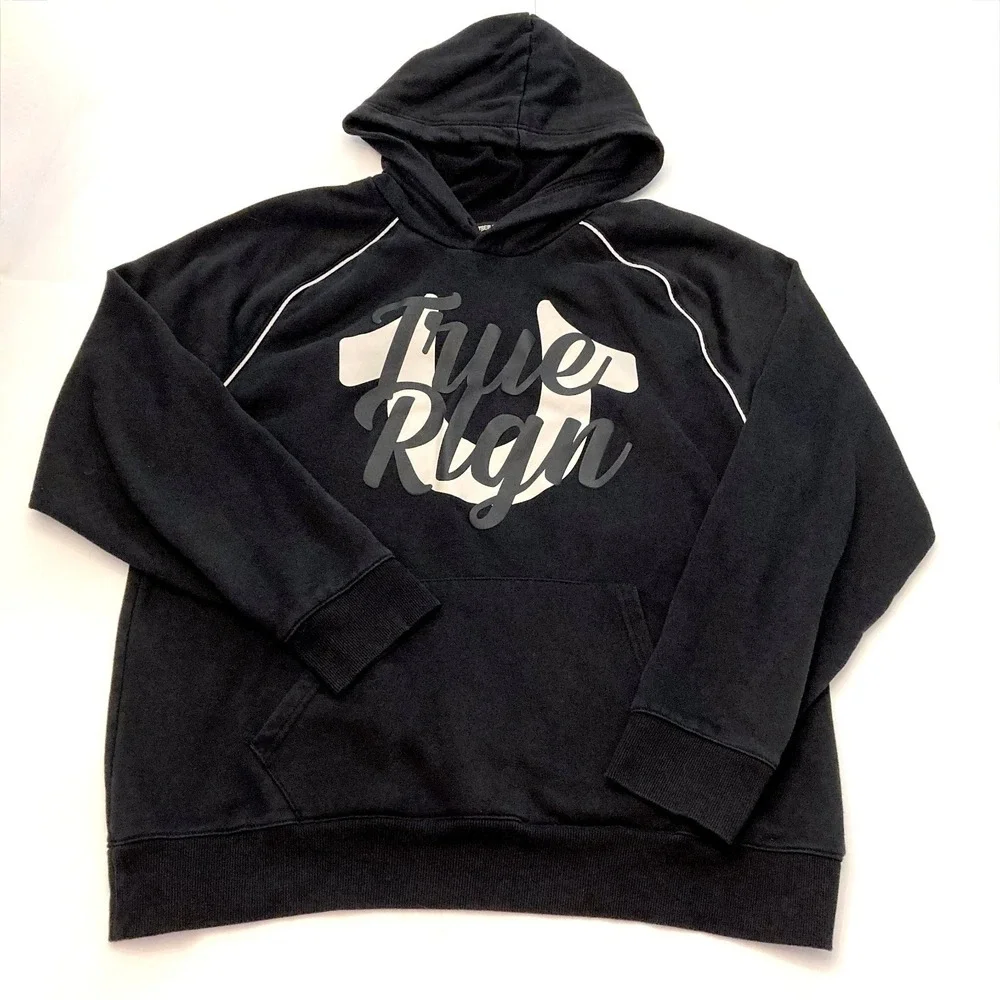 True Religion Hoodie Pullover Raglan Graphic‎ Script Black Mens XL Pockets